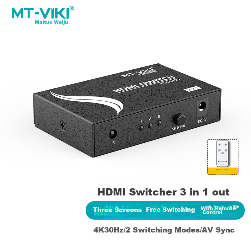 HDMI-переключатель MT-viki MT-SW301-MH, 3 входа 1 выход, 4K@30Hz, поддержка HDMI 1.4, переключение кнопкой или ИК-пультом