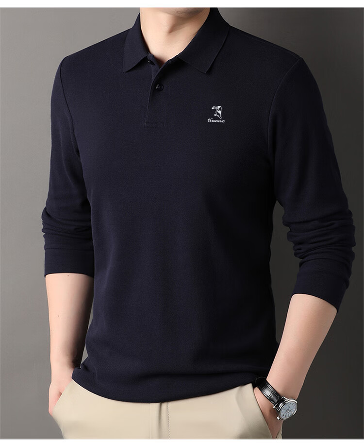 TUCANO Long-Sleeve Cotton Polo Shirt for Men, Business Casual Comfortable Versatile Top, Black, Size 4XL 7