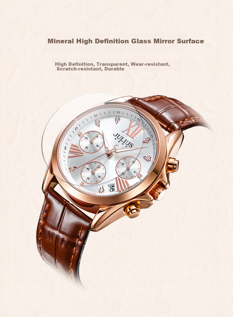 Julius Women's Watch with Calendar, Multifunctional Elegant Diamond-Studded Quartz Watch, Waterproof Ladies' Wristwatch, Brown JA-1482C 7