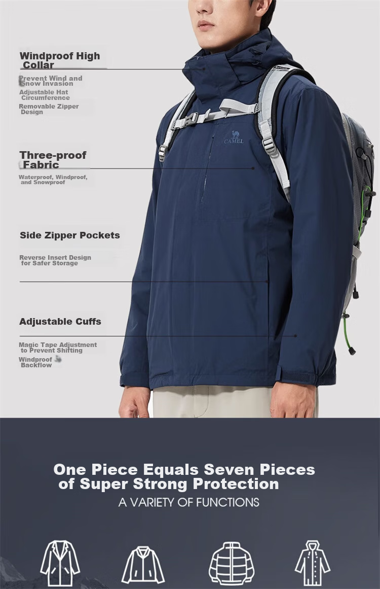 CAMEL Men's Three-In Jacket with Detachable Fleece Inner Layer, Triple Protection Coat A1W231121AX 5