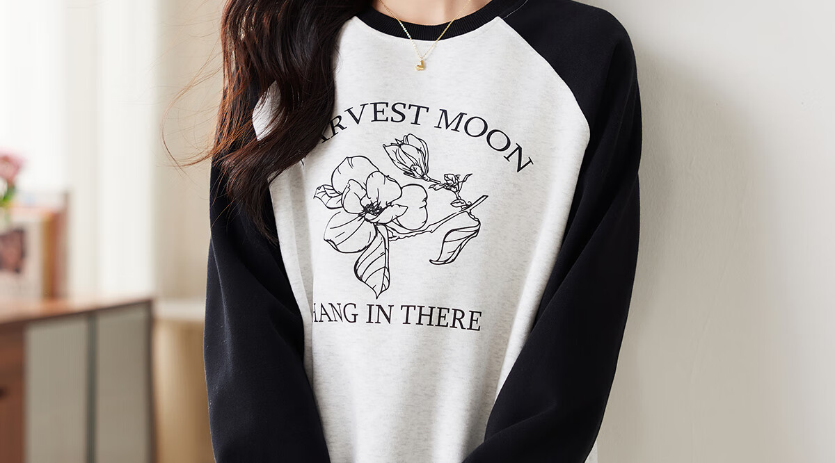 PinCai Relaxed Fit Sweatshirt Elegant Floral Print Crew Neck Colorblock Raglan Sleeve Versatile Jacket P143W1007 23