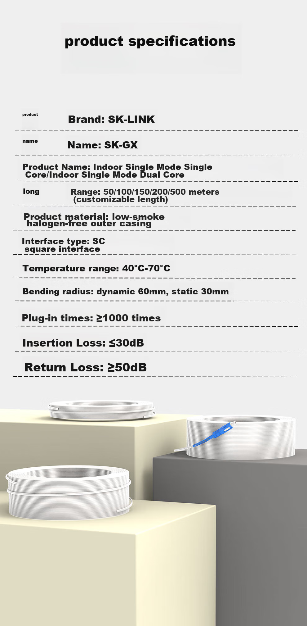 SK-LINK Telecom-Grade Indoor Pigtail Fiber Optic Cable, 2-Core 2-Steel Wire Single-Mode Double-Core Optical Fiber Cable, Butterfly-Shaped Fiber Optic Home Broadband Line FTTR Networking 100 Meters White SNGL2SM-100M 9