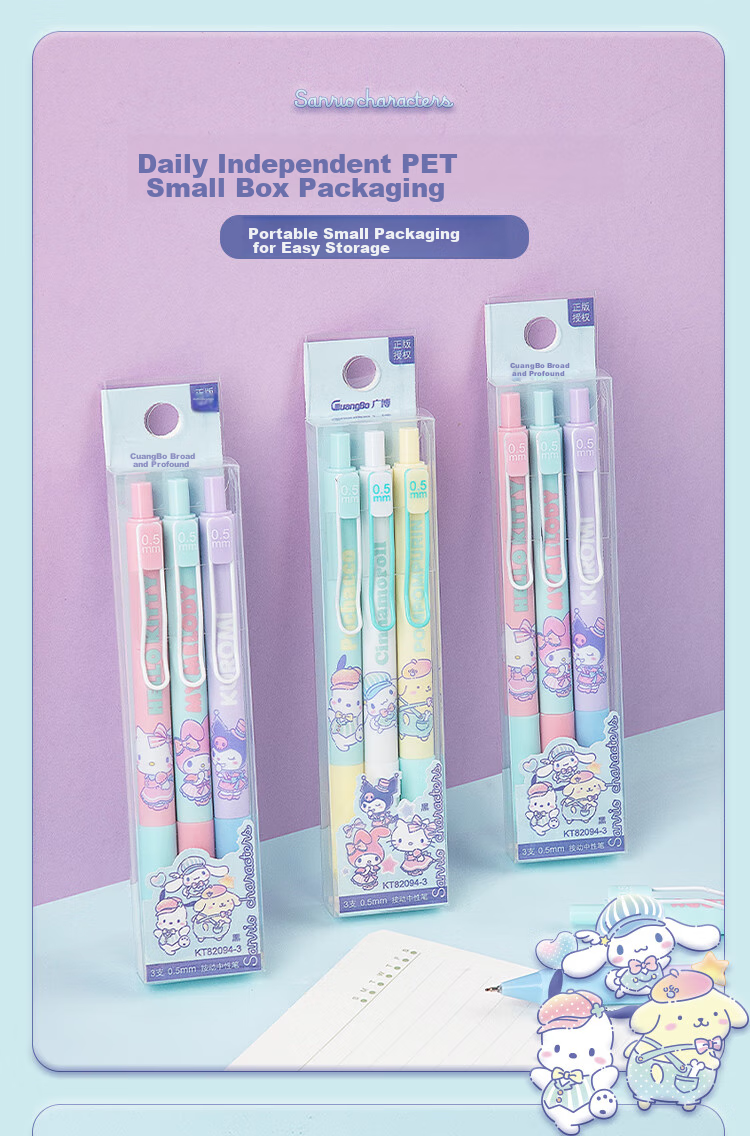 GuangBo Sanrio Collaboration Gel Pen, 0.5mm Black Retractable ST Tip Signing Pen, Stylish Student Exam Pen, 3 Pens/box [Yellow And White Version] KT82094-3 2