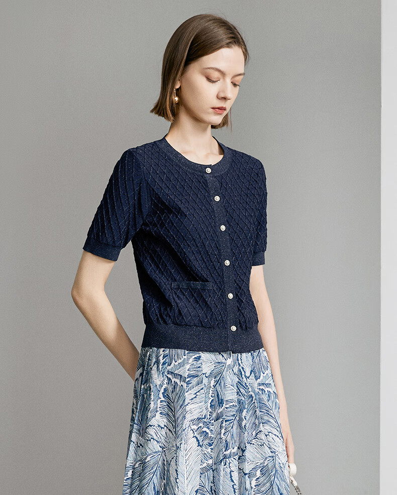 YANYEE Black Crew Neck Knit Top Women 2024 Summer Casual Simple Versatile Shiny Short Sleeve Shirt Dark Blue XXL/44 3