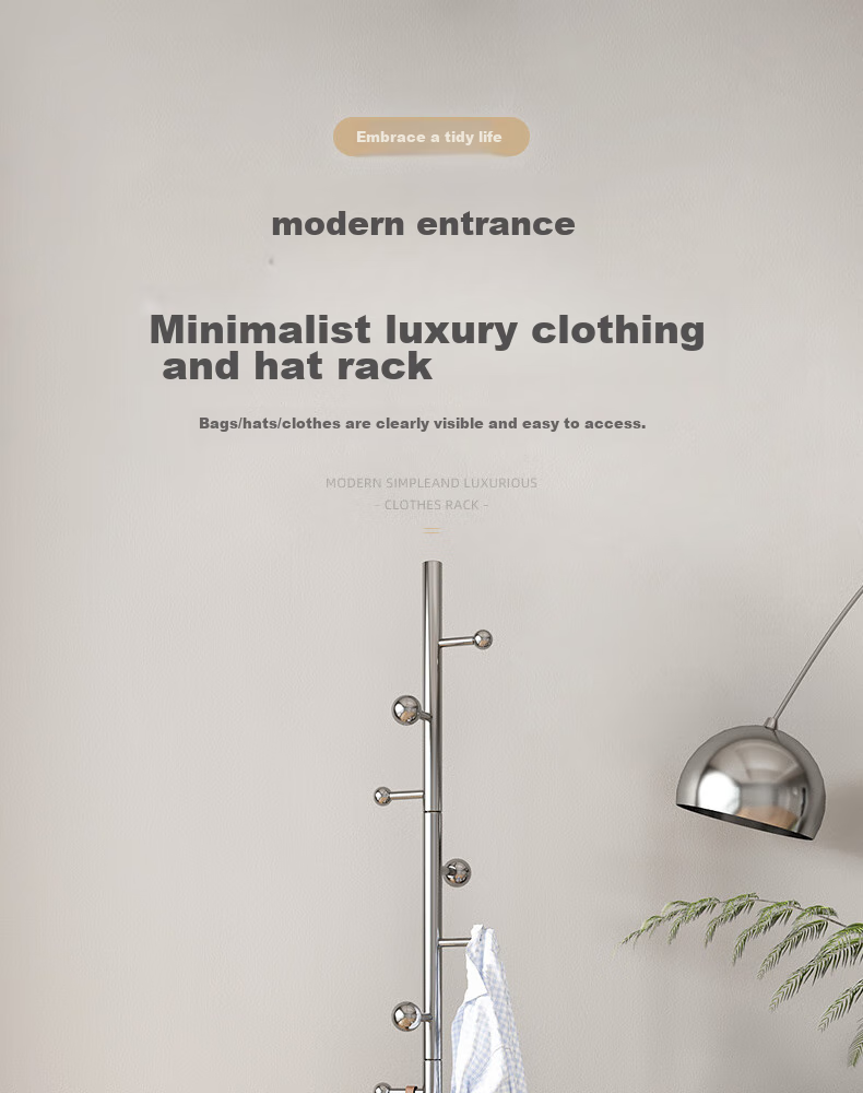 Milin Coat Rack, Floor-Standing Bedroom Clothes Hanger, Garment Stand Pole, Home Use Bag Rack, Stainless Steel Base with Branch Desig 1