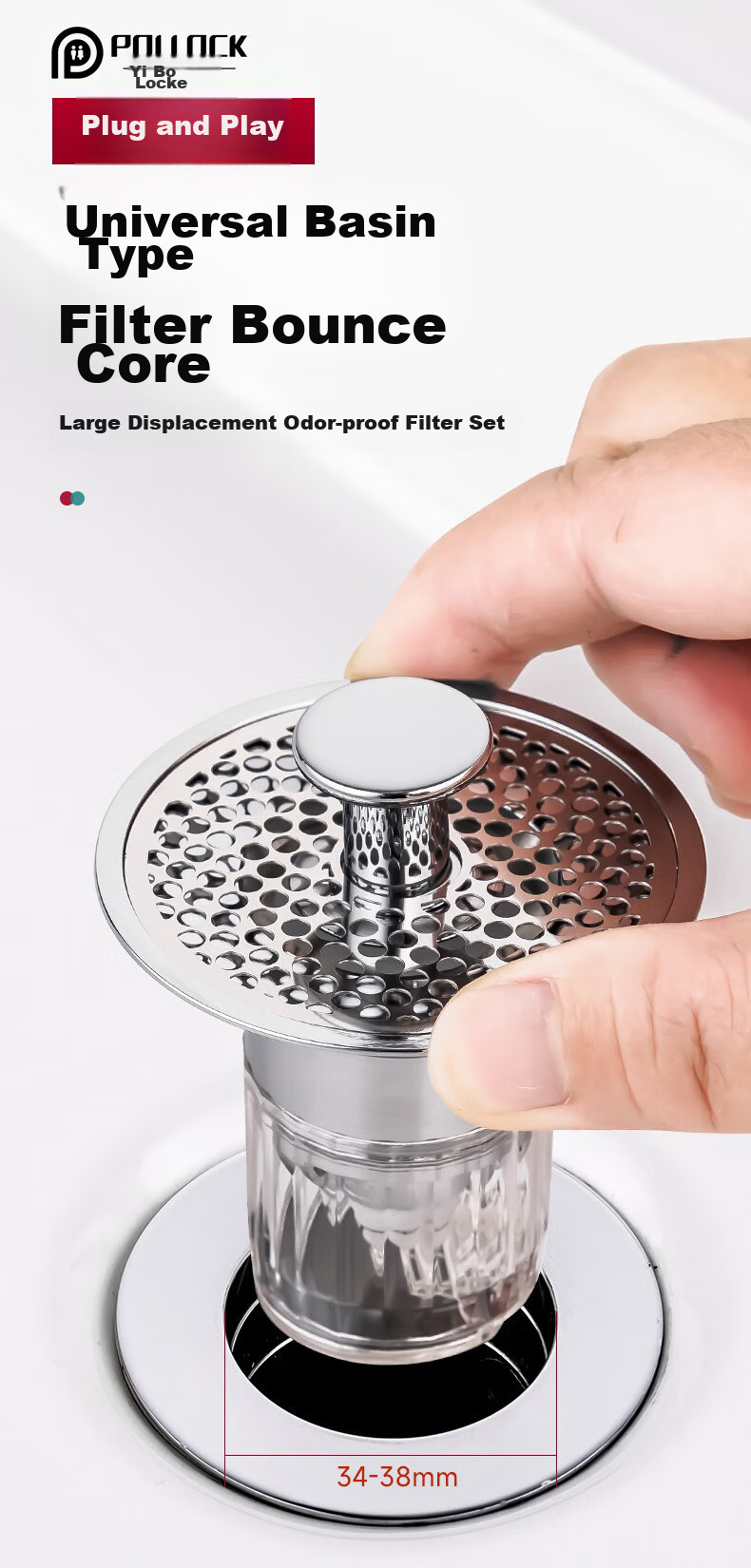 Pollock Sink Drain Stopper, Washbasin Pop-Up Core, Brass Sink Anti-Odor Device, Filter Screen MPXGL 1