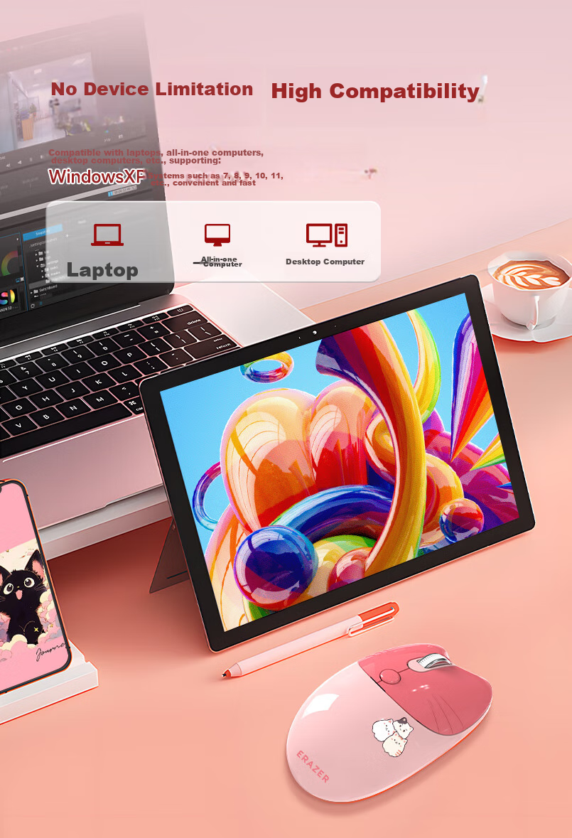 Lenovo Invests in Brand Yinengzhe Wireless Mouse, Quiet And Portable, Gift for Women, Compatible with Desktop/Lenovo Legion/XiaoXin Laptops, Cat Ear Peach Pink N521 9