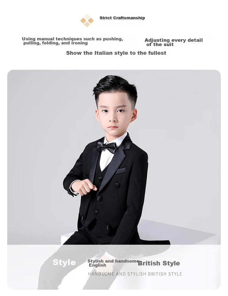 Luomeng Boys' Formal Suit Set, Little Host Piano Performance Outfit, Flower Boy Tailcoat, Black, Size 170 12
