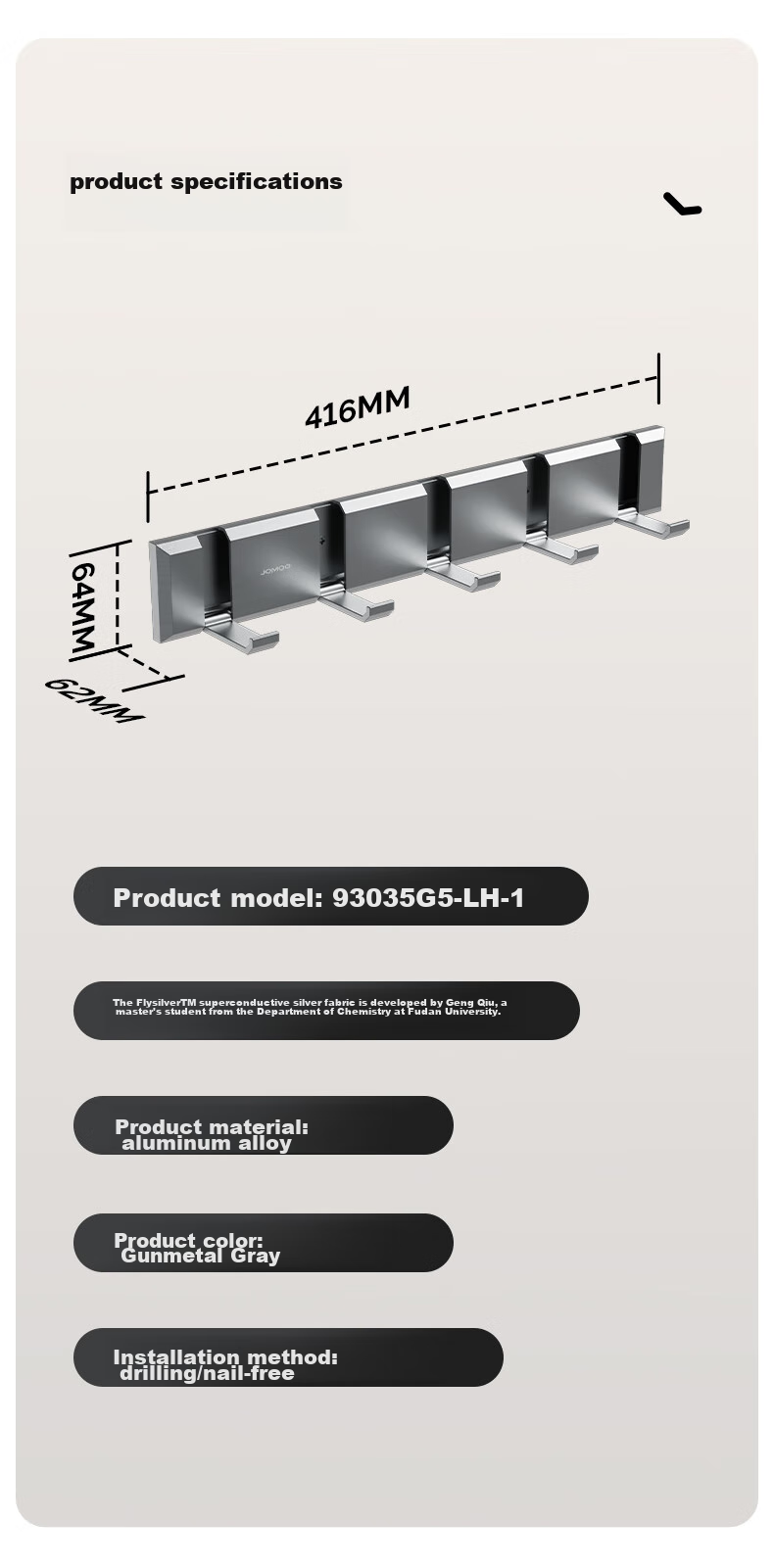 JOMOO Hook-Free Bathroom Hooks, Kitchen Hooks, Door-Back Hooks, Space Aluminum, 6-Row Bathroom Hooks, 93035G5 7