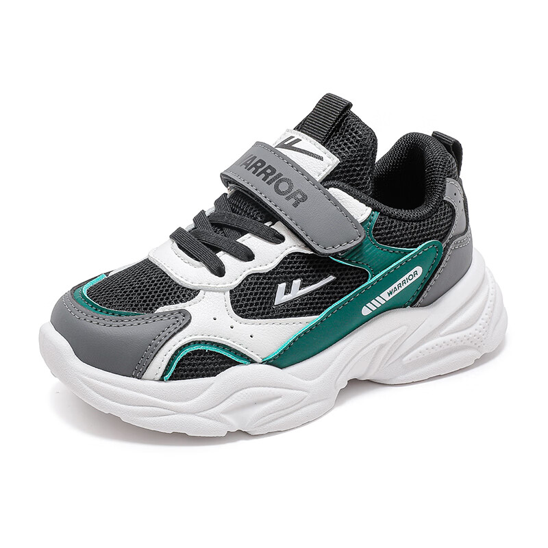 Warrior Children's Shoes, Boys' Soft-Soled Casual Shoes, Spring And Autumn Kids' Sneakers WZ(CL)-0977, Black/white/gray/green, Size 32