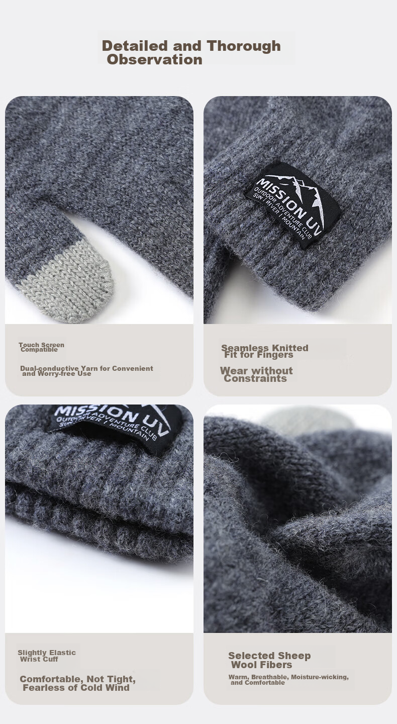 MISSION UV Sheepskin Warm Gloves for Men, Thick Winter And Autumn Outdoor Cycling Driving Anti-Cold Touchscreen Compatible Knitted Gloves 5