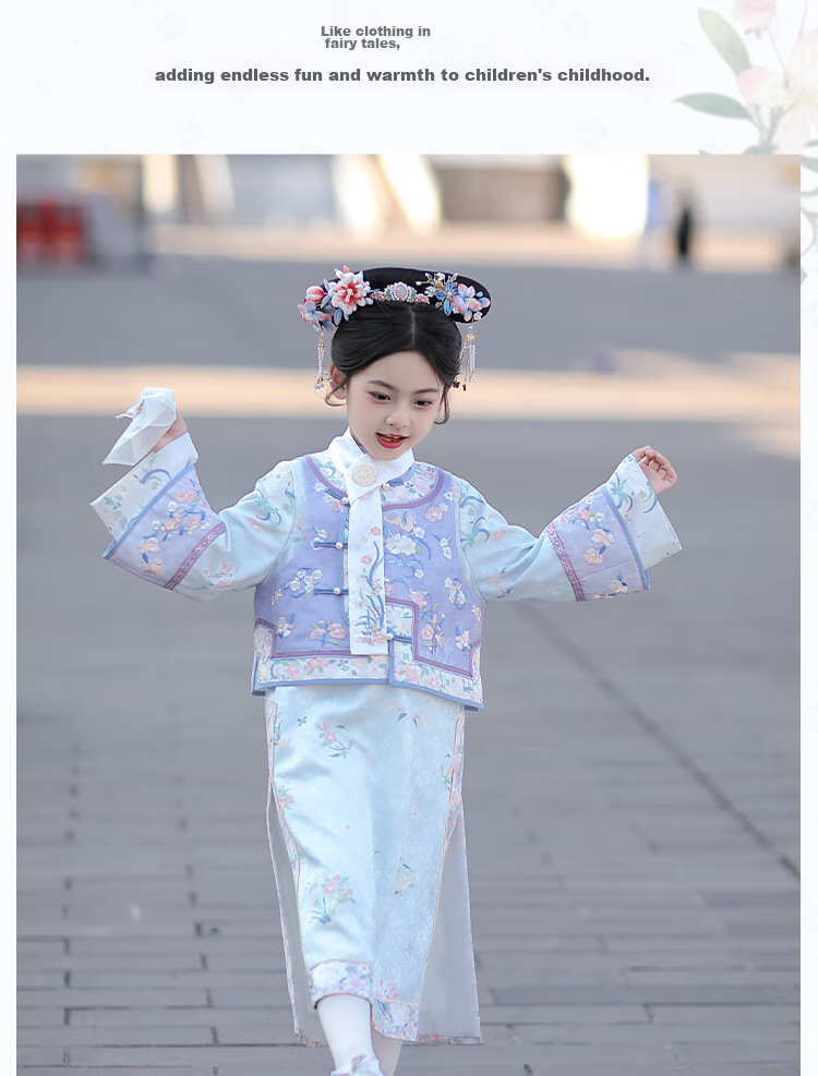 Qibo Girls' Cheongsam, Spring And Autumn Mid-Autumn Festival Children's Kindergarten New Hanfu, Blue-Purple + Neck Scarf, Size 130 21