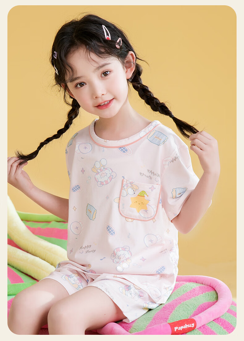 Fenteng Kids Pajamas Girls 100% Cotton Summer Round Neck Loose Cartoon Short Sleeve Shorts Homewear 14