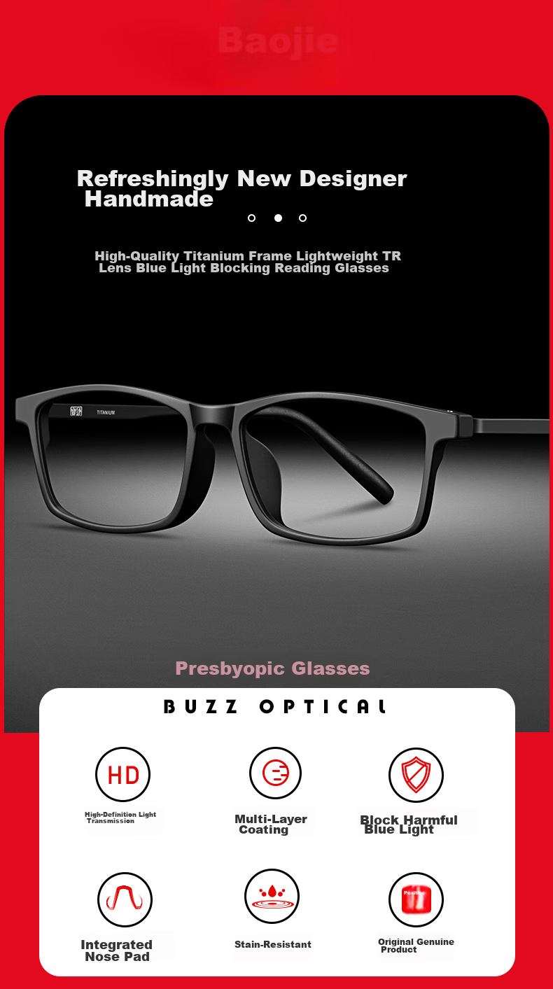 BUZZ Anti-Blue Light Reading Glasses for Men, High Definition Japanese Imported Lenses, Ultra-Light Titanium Frame Reading Glasses for Women, Elderly, And Fathers 1
