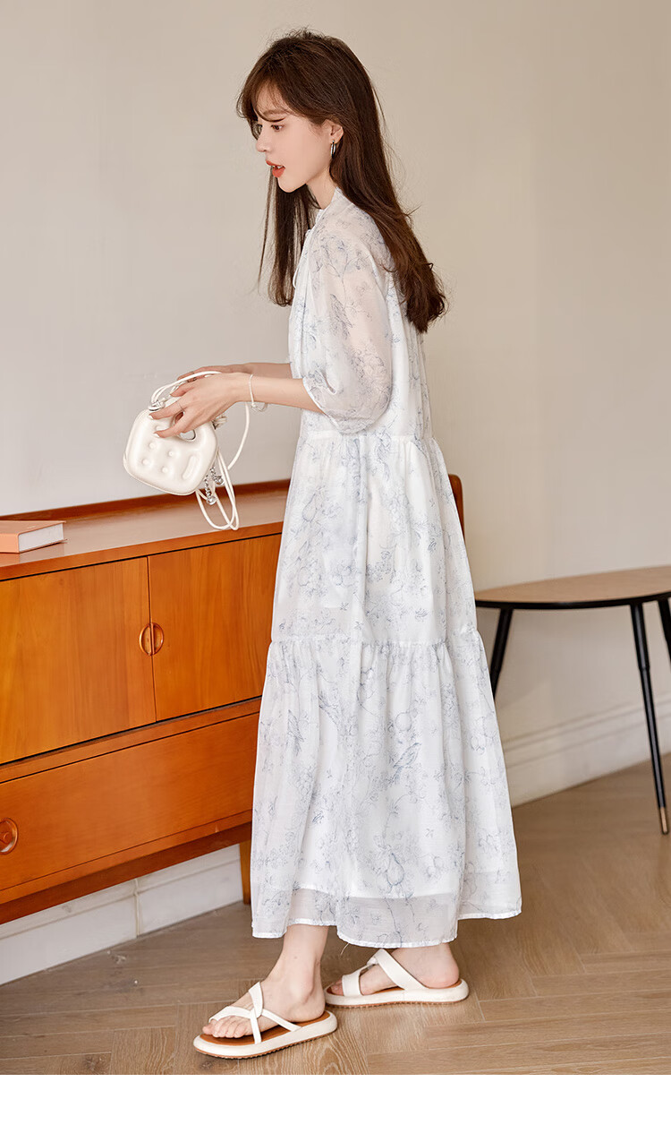 Dme Floral Print Pleated Dress Summer Fresh Three-Quarter Sleeve Long Dress, Floral Print, Size L 16