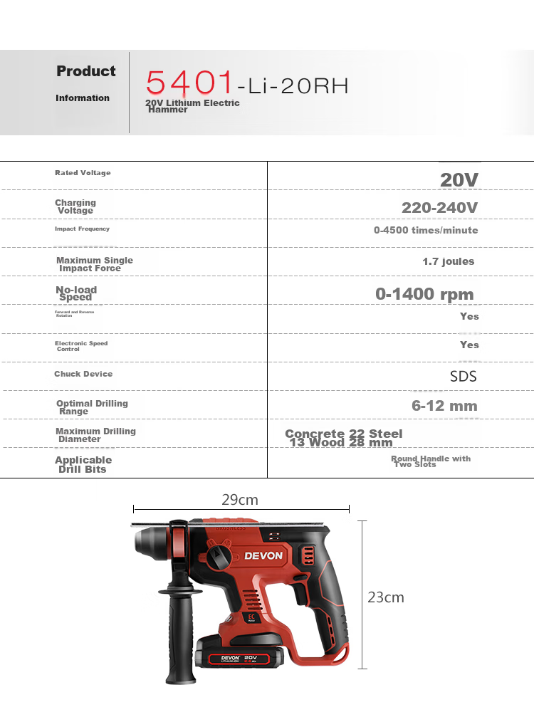 Devon 20V Brushless Cordless Lithium-Ion Rotary Hammer 5401 Impact Drill Electric Pick Dual-Use Concrete Chiseling Double Battery 5.0 Fast Charging 10