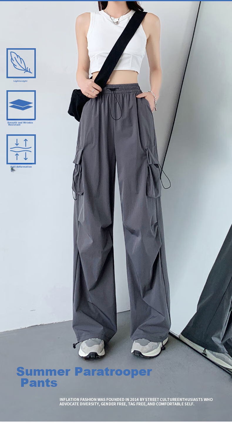 LangSha American-Style Parachute Cargo Pants for Women, Summer Ice Silk High-Waist Wide-Leg Loose Casual Quick-Dry Outdoor Sports Pants for Wome 3