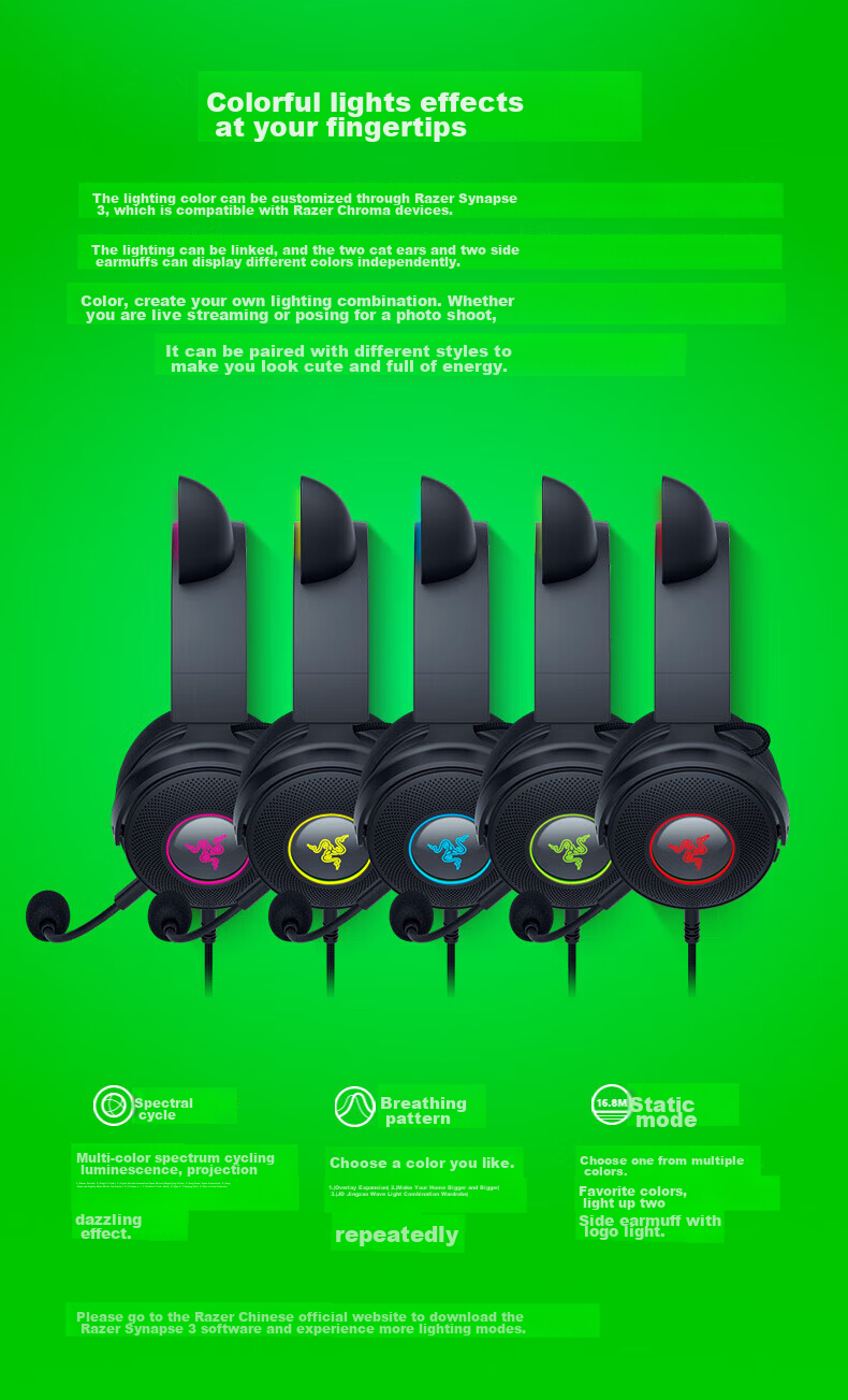 Razer Beihai Giant Monster Cute Cat Professional Edition V2 Wired Over-Ear Gaming Headset with Microphone, Popular Cat Ear Rabbit Ear Bear Ear RGB Lighting PUBG Essential Black 1