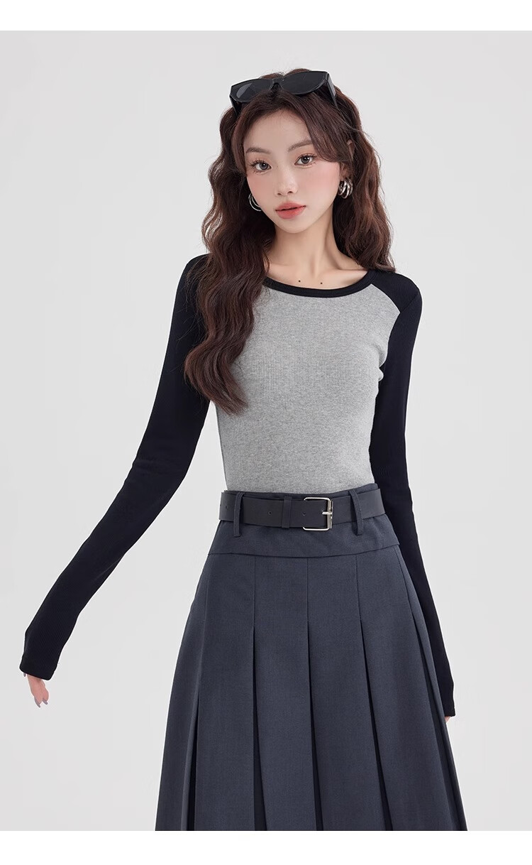 NOME Color Block Spliced Long Sleeve T-Shirt for Women, Autumn New Style Design Inner Layer Raglan Sleeve Top, Gray, L 21