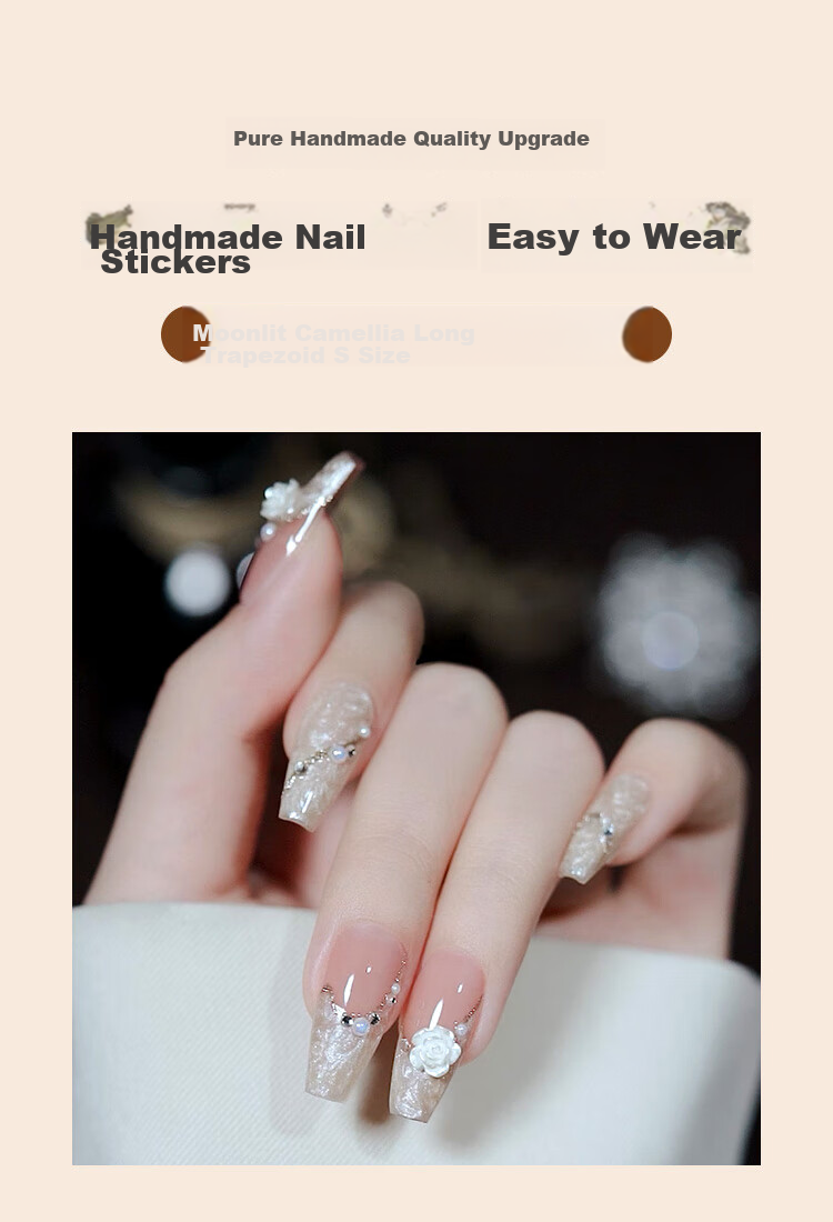 Meifuyu Nail Stickers, Handmade Wearable Nails (Yue Xiaoshan Tea Flower S Size), Long Nail Tips, Gift for Girlfriend, MF8213 1