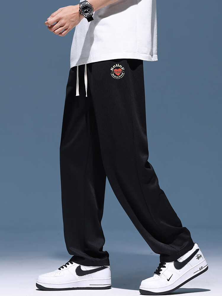 POUM Trendy Pants for Men, Spring And Autumn Thin Quick-Dry Draping Cool Wide-Leg Straight Trousers YM09 Black L 3