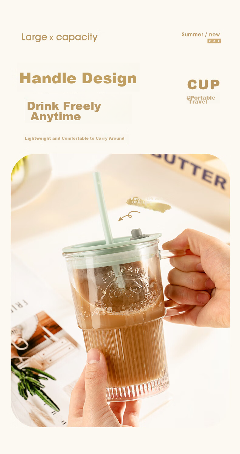 CAIZHI Glass Cup with Lid And Handle, Office Water Bottle with Straw, Large Capacity Cup, Transparent Mint Green CZ6940 10