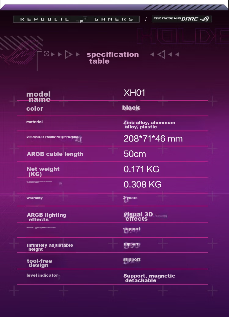 ASUS ROG XH01 White Hercules Graphics Card Support, Compatible with 4090 GPU, Aura Sync, Tool-Free Adjustment, Magnetic Level Indicator 11
