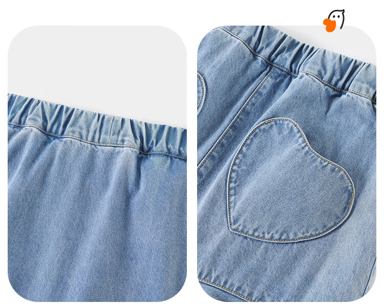 QQ DUCK Girls' Short Denim Skirt Summer Wear for Children And Teenagers, Heart Pattern Light Blue; Size 150 10