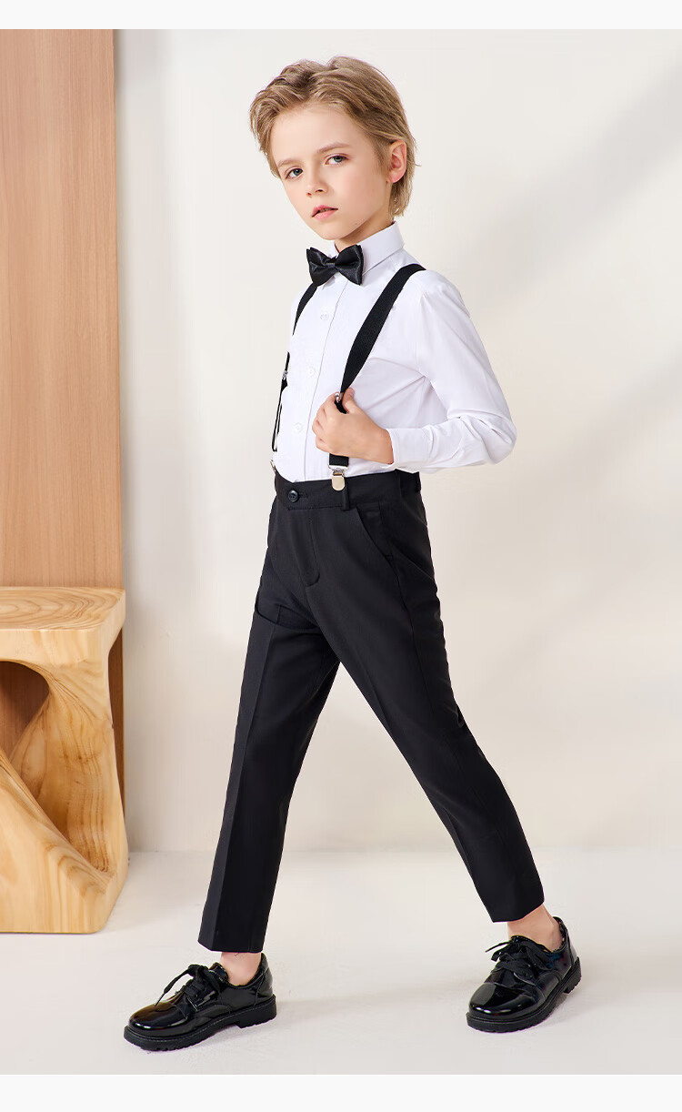 ROMON Children's Formal Wear, Holiday Performance Outfit, Boys' Graduation Host Long-Sleeve Long Pants Suspender Suit, Black, Size 170 7
