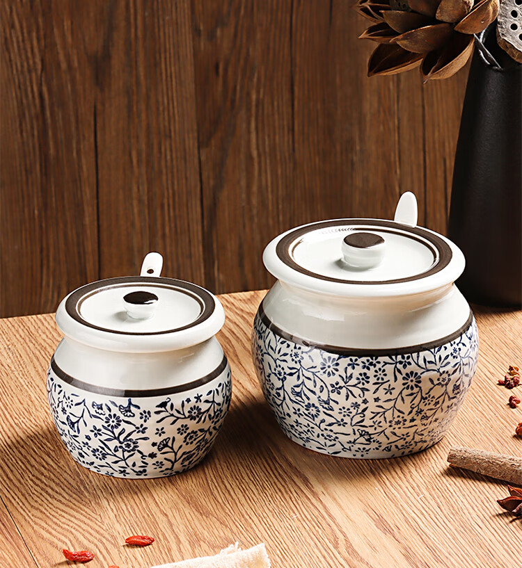 BJ Ceramic Large Capacity High-Temperature Resistant Seasoning Jar, Lard Container, Chili Pepper Jar, Chinese-Style Lard Bowl + Spoon, 700ml 6
