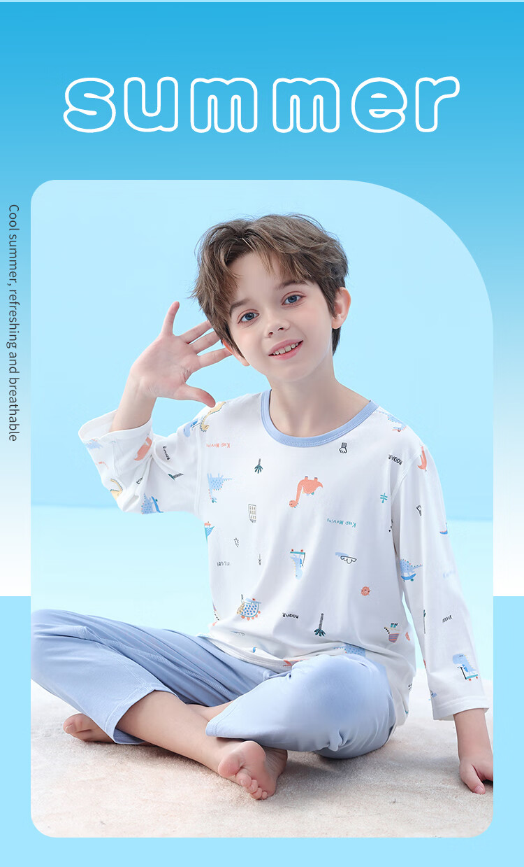 LangSha Children's Summer Pajamas, Thin Three-Quarter Sleeve Sleepwear, Air Conditioning Clothes for Boys And Girls, Home Wear Set for Older Childre 11
