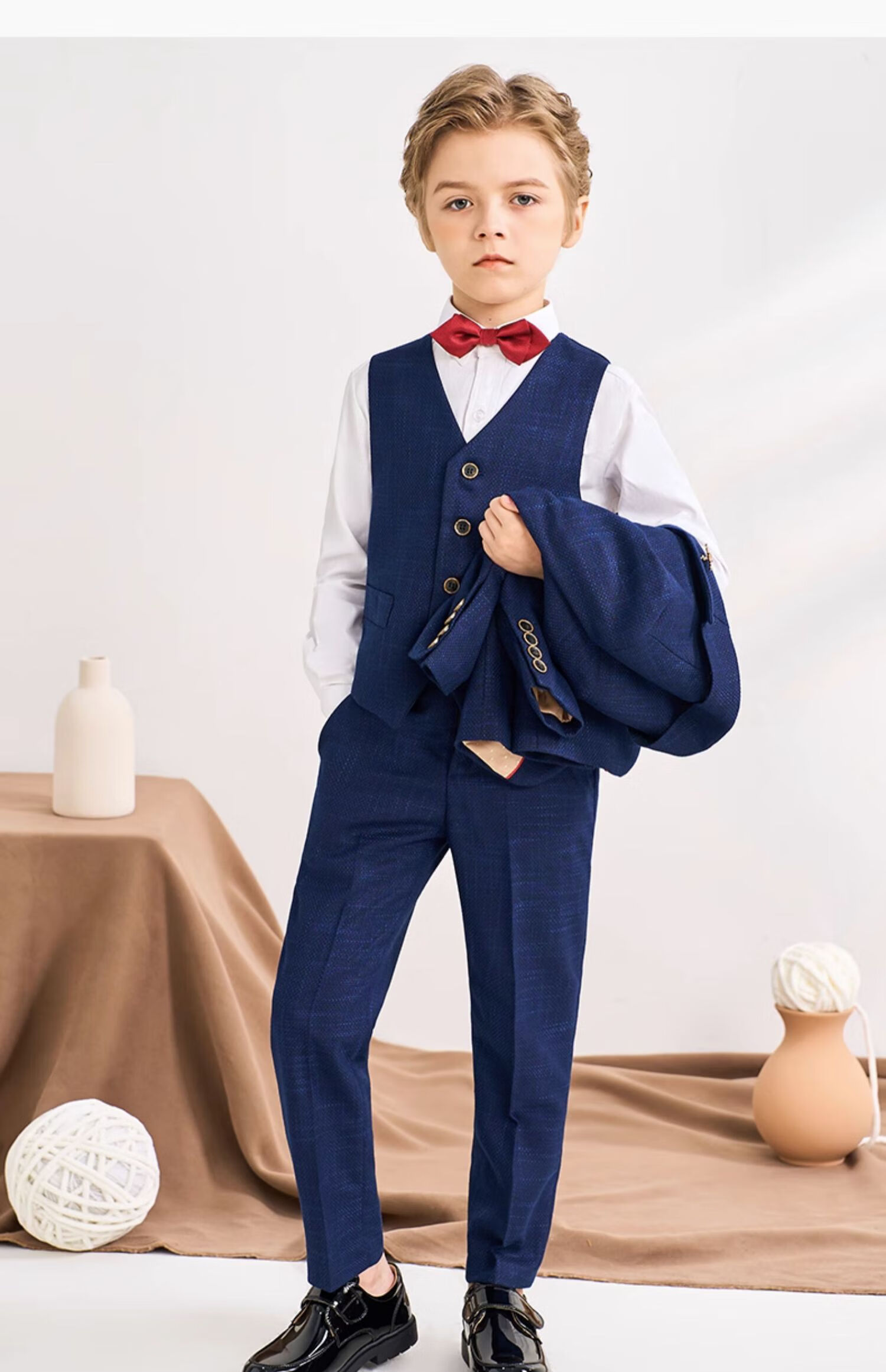 Romon Children's Suit Formal Wear Stylish British Flower Boy Set Boys Navy Blue Honeycomb Fleece Five-Piece Set Size 110 21