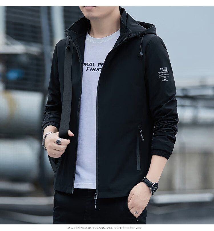 TUCANO Men's Jacket Spring Autumn Detachable Hood Outdoor Versatile Printed Sports Comfortable Top Light Gray 5XL 12