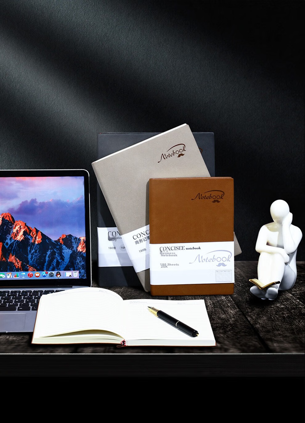 Longe 360-Page Thickened Notebook, Business Sheepskin Journal, Leather Diary, Notepad, Stationery, Meeting Record Book, Customizable Logo, A5 Light Gray 19