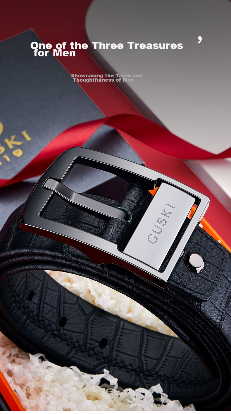 GUSKI Brand Men's Leather Belt with Ceramic Pin Buckle, Gift Box, Birthday Present for Boyfriend Or Husband 10