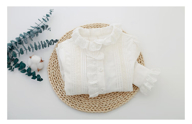 LUOBOBEIBEI Girls' White Long-Sleeve Shirt, Lace Trim Inner Blouse, Autumn White Base Layer, White, Size 150 7