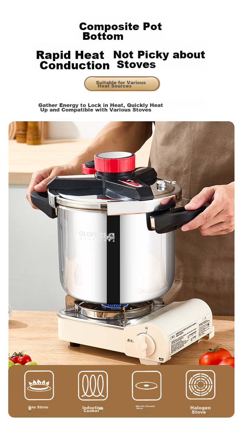 OLOFE Pressure Cooker, Gas And Induction Compatible, 304 Stainless Steel, 8L, Baoshikang European Style Explosion-Proof, Deep Single-Handed Opening And Closing Pressure Cooker 10