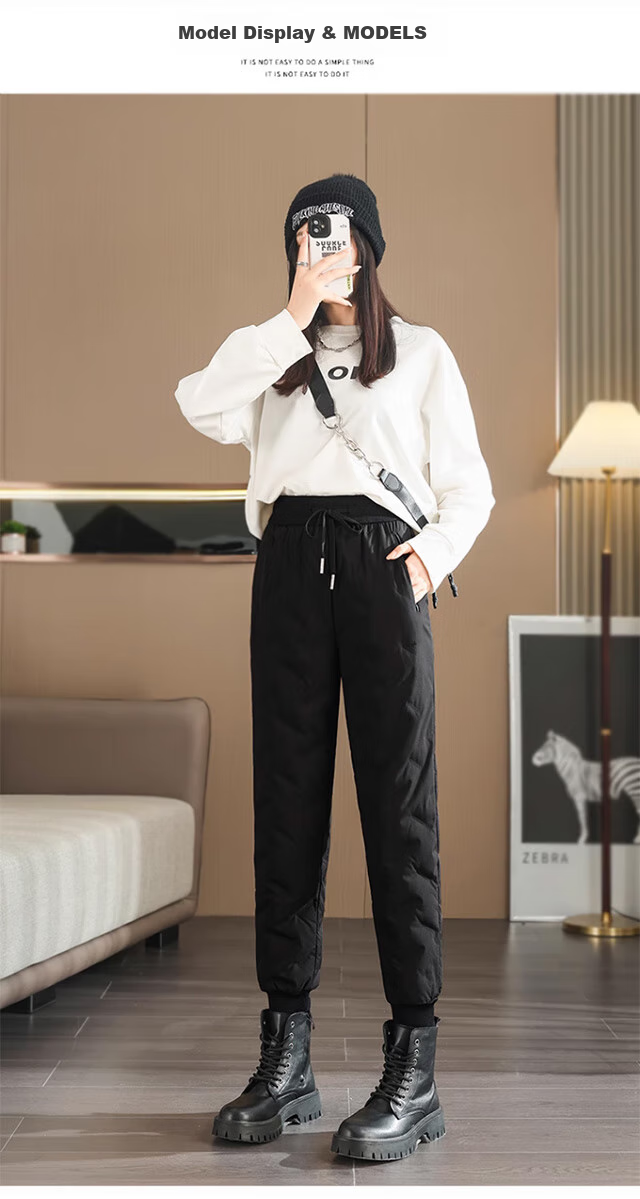 LangSha Women's Down Pants for Outdoor Wear, Winter Fleece-Lined White Duck down Trousers, Women's Tapered Leg Windproof Cotton Pants, Thickened Warm Pants, Black 18