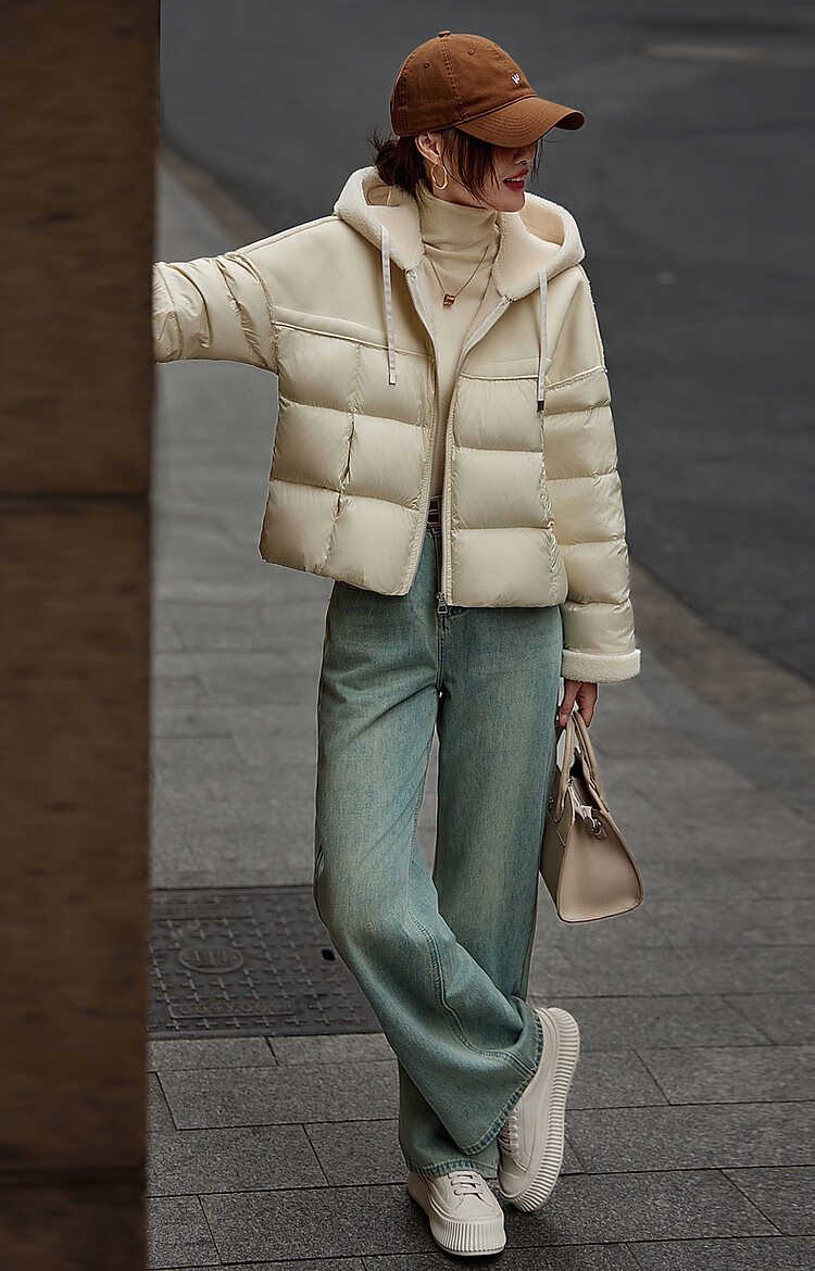 Dme [Xueshan Dushi] Winter 400T Spring Yafang Light Luxury 90% Duck Down Hooded Patchwork Elastic down Jacket for Wome 12