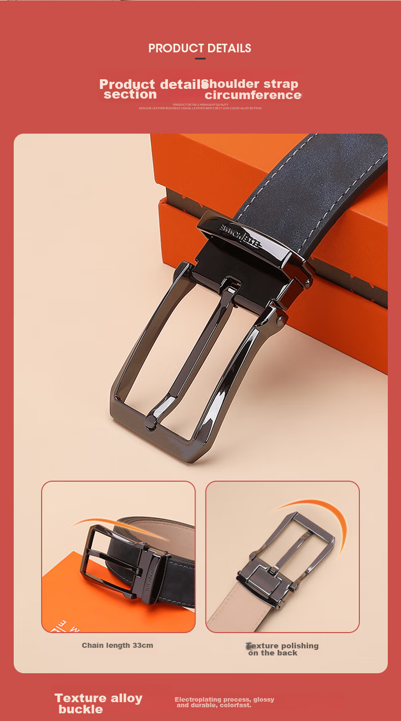 ELLE HOMME Men's Leather Belt with Pin Buckle, Top-Grain Cowhide Casual Trouser Belt for Men, Birthday Gift for Boyfriend 5