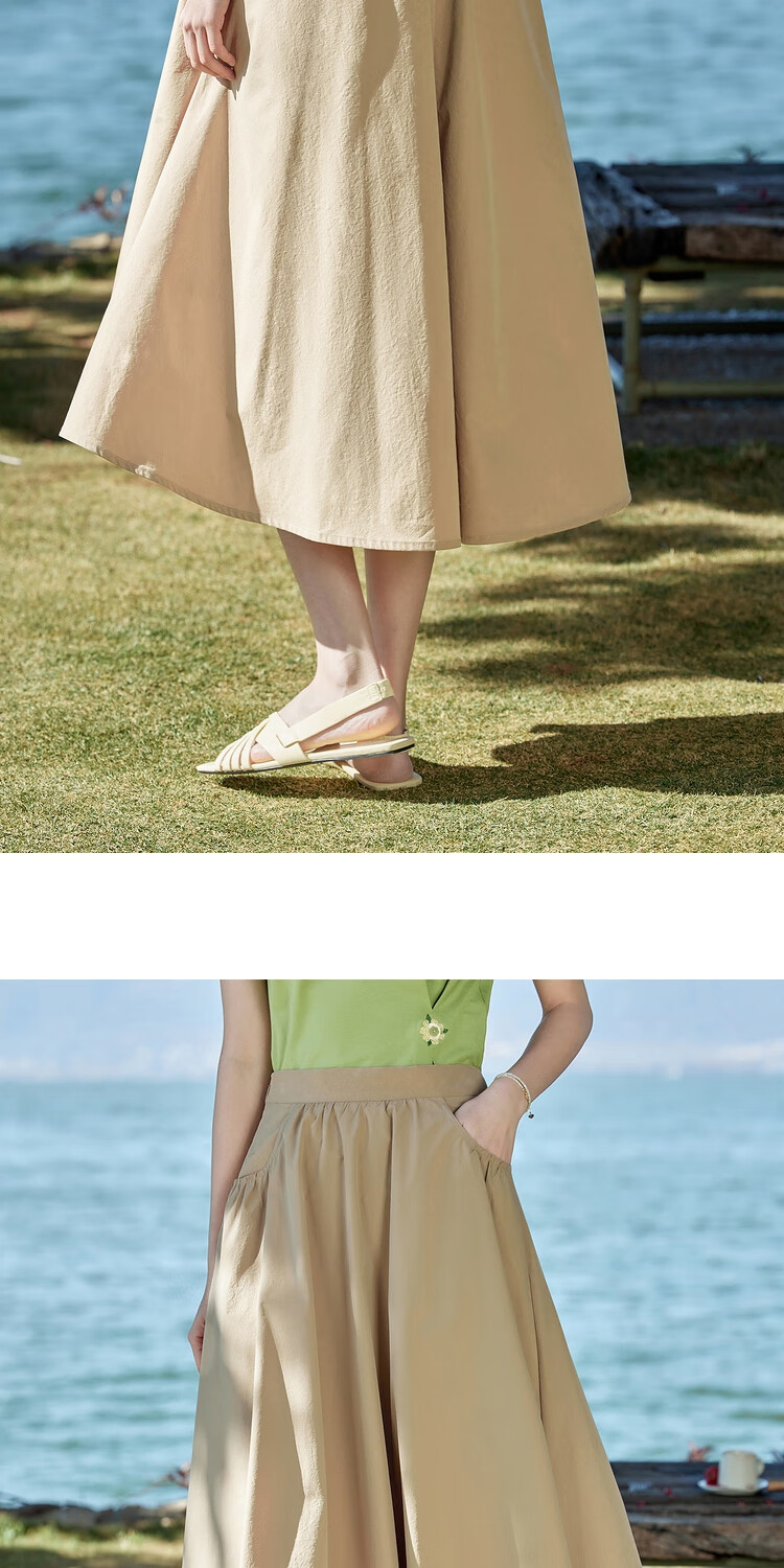 INMAN Summer Casual High-Waisted A-Line Skirt for Women, Elastic Waist, Loose Fit, Slimming, Mid-Length Skirt, Dark Khaki, Size S 10