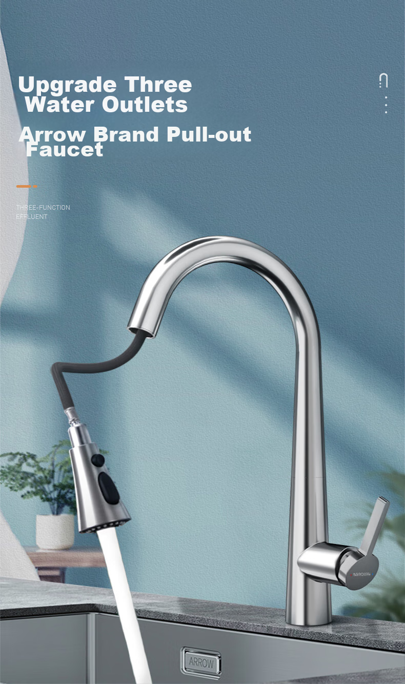 ARROW Pull-Out Kitchen Faucet, 304 Stainless Steel Hot And Cold Rotating Sink Tap for Washing Vegetables And Dishes, AE45131SS 3