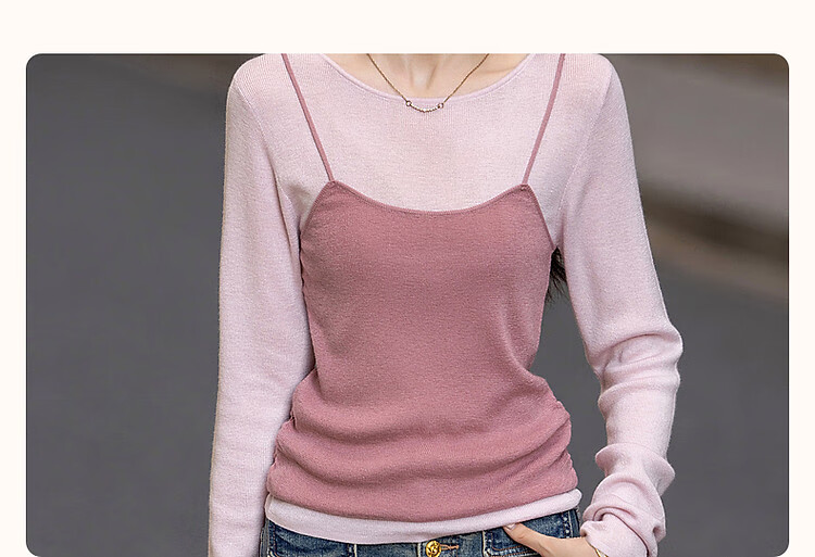 Dme [Raspberry Macaron] Spring And Autumn Girly Faux Two-Piece with Wool Sweater, Lightweight Knit Top for Young Wome 4