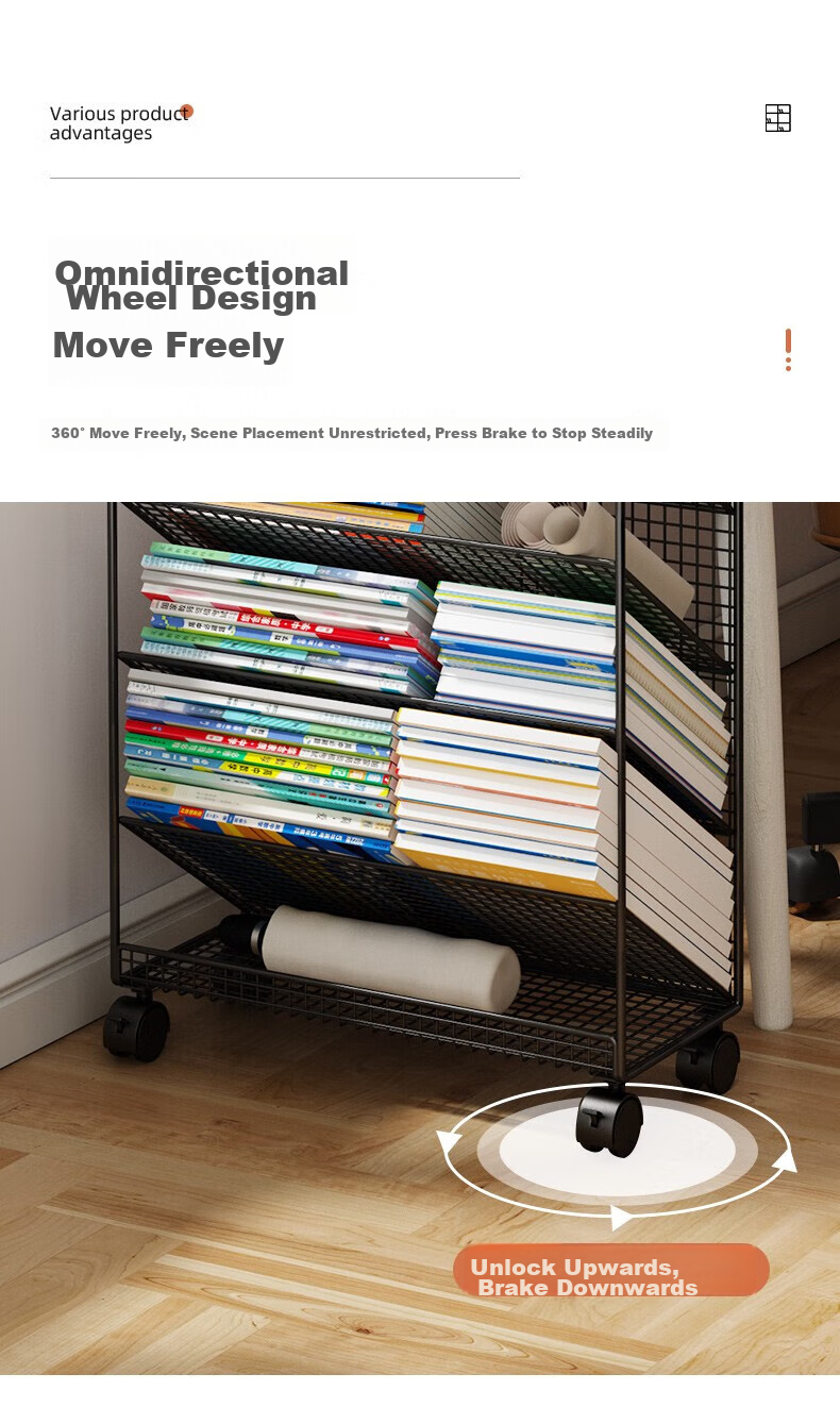 DSRAWMYT Bookshelf, Floor-Standing Storage Rack, Movable Wheeled Bookshelf for Desk Side, Simple Bookcase for Classroom Desk 7