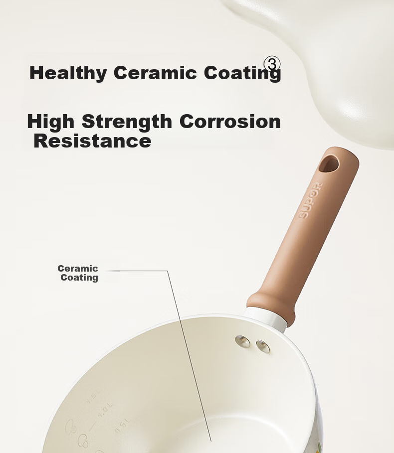 SUPOR Non-Stick Milk Pot, Flat Bottom Baby Food Pot, Noodle Soup Pot, Hot Milk And Instant Noodle Ceramic Pot, Compatible with Induction And Gas Stoves, 18cm 4