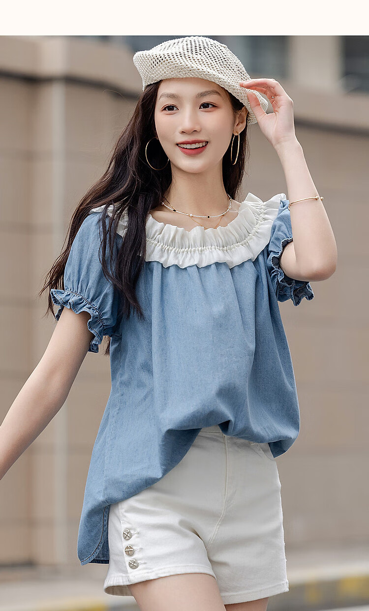 Dme [Gentle Healing] Summer Korean-Style Elastic One-Shoulder Round Neck Convertible Shirt, Slimming Denim Blouse Women's Top 11