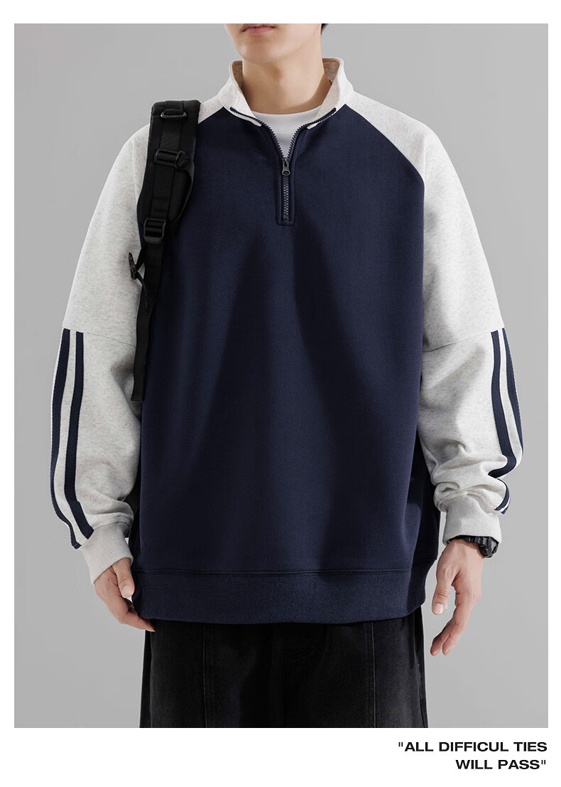 MMOPTOP American-Style Half-Zip Sweatshirt for Men, Spring And Autumn Season, Contrasting Color Raglan Sleeve, Loose Casual Top, 8905 Navy Blue L 10