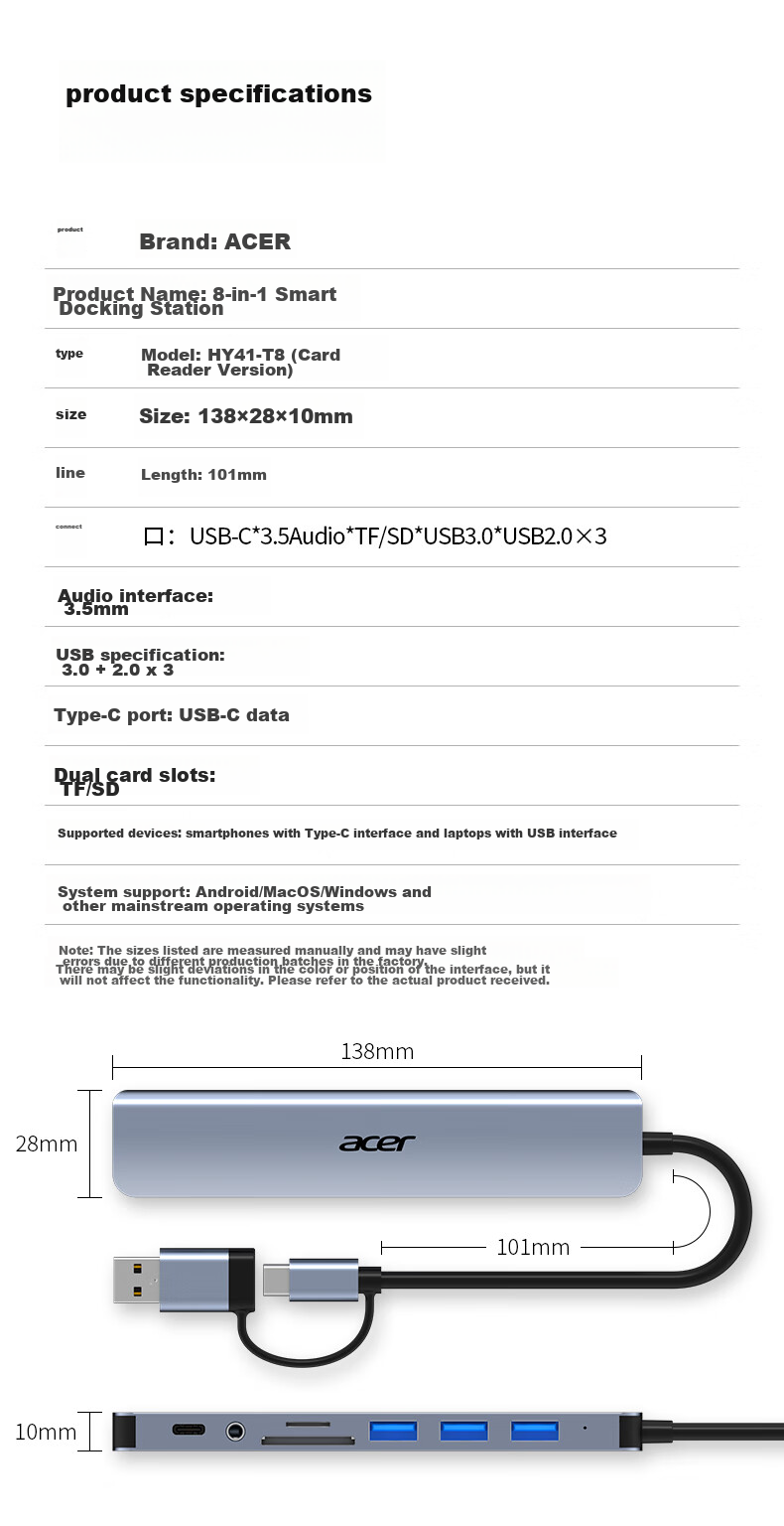 Acer Type-C Expansion Dock, USB3.0 Hub, SD/TF Card Reader Adapter, Compatible with Huawei, Android, MacBook Computers, Converter, Eight-I 12