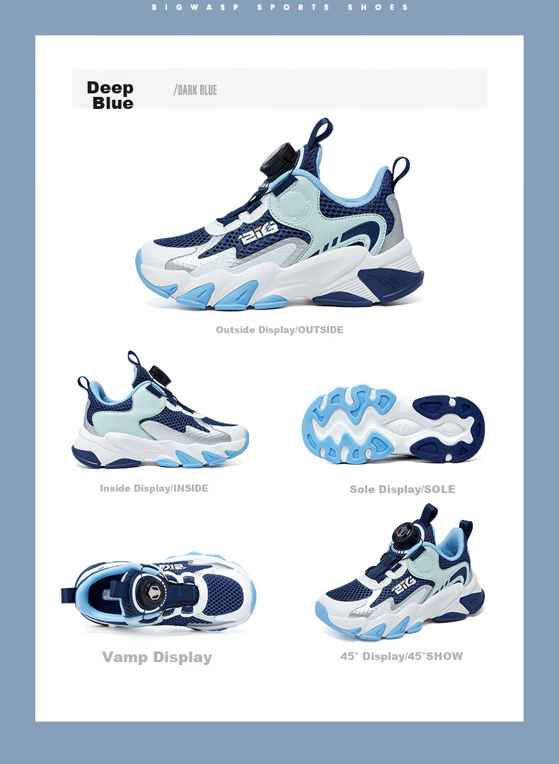 BIG WASP Children's Shoes, Boys' Sneakers, Summer New Style Mesh Rotating Buckle Breathable Running Shoes for Older Kids, Casual Footwear 9