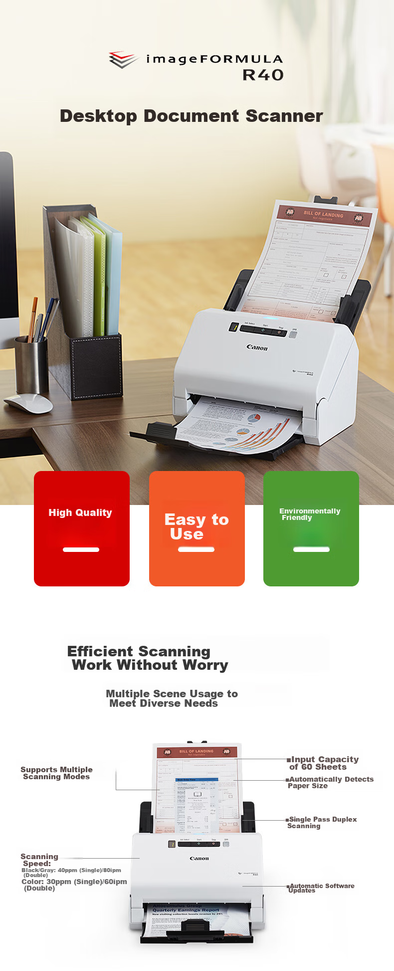Canon R40 Color Document Sheet-Fed Automatic Continuous Duplex High-Speed Scanner, Batch Scanning, Document Contract Invoice Scanner 1